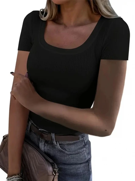 Kadın Kısa Kollu Kare Yaka Basic Kaşkorse Bluz - Resim 6