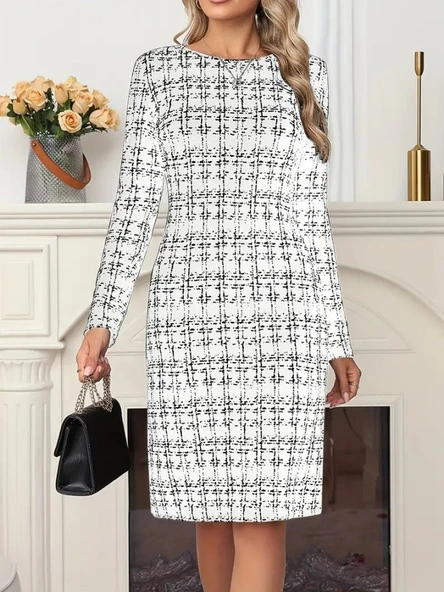 Kadın Uzun Kollu Bisiklet Yaka Desenli Dalgıç Kısa Elbise - Resim 4