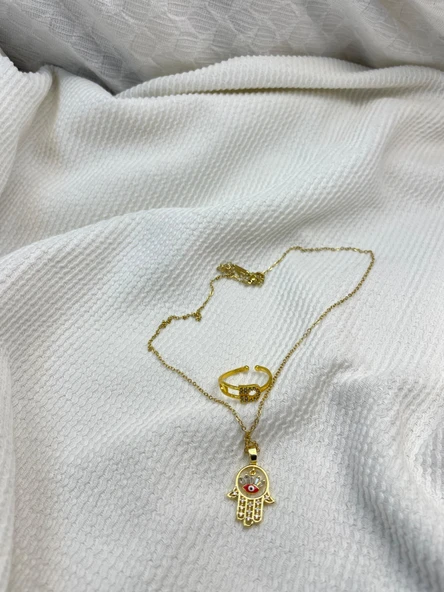 Çelik Nazar Boncuklu Fatma Ana Eli Kolye ve İğne Ucu Takı Seti