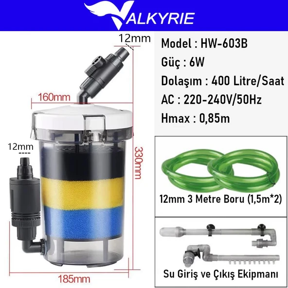 Valkyrie HW-603B Dış Filtre 400 Litre 6W Sessiz Çalışma Transparan Yüksek Kapasite - 2