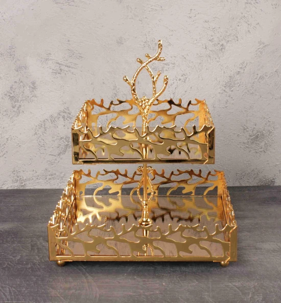 Çınar Dekoratif Kurabiyelik Sunumluk 2 Katlı Gold Renk Kare ürün görseli