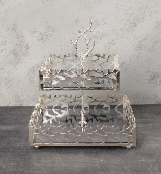 Çınar Dekoratif Kurabiyelik Sunumluk 2 Katlı Gümüş Renk Kare