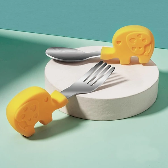 Valkyrie Bebek Filli Yemek Kısa Saplı Çocuk Paslanmaz Çelik Çatal Kaşık Sarı