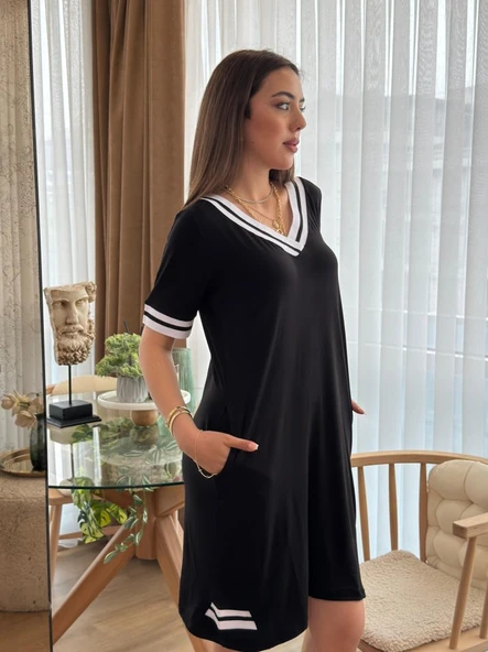 Kadın Kısa Kollu V Yaka Ribana Detaylı Cepli Dizüstü Viskon Elbise - Resim 2