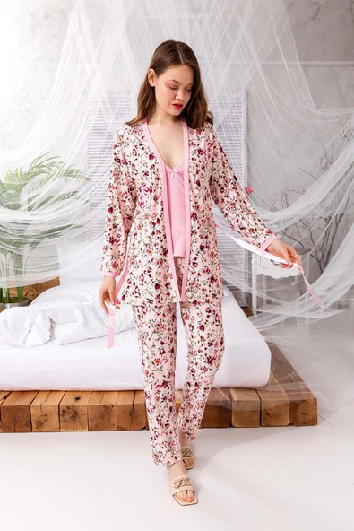Çeyizlik Zen Pijama Seti - Exclusive 3 Parça İpeksi Sabahlıklı