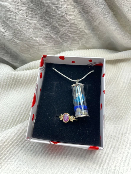 Mavi Minyatür Çiçek Kolye ve Kelebek Tasarım Yüzük Seti - 2