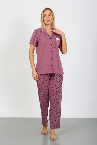 %100 Pamuk Düğmeli Kadın Pijama Takımı