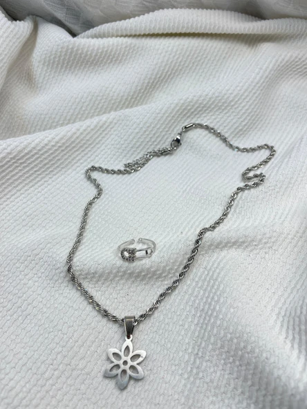 ZARİF PAPATYA ÇELİK KOLYE  YÜZÜK HEDİYELİ - 2