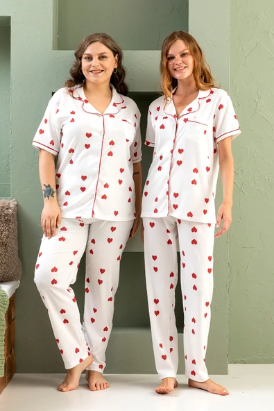 Kısa Kol Gömlek Yaka Pinterest Pijama Takımı - Yazlık ,Geniş Beden Aralığı