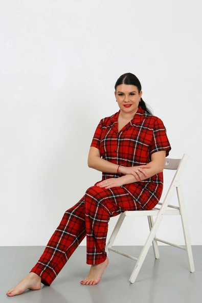 Büyük Beden Kısa Kollu Milan Gömlek Pijama Takımı- Genç Anne Serisi