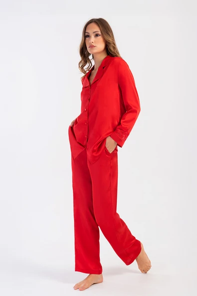 Saten Pijama Takımı – Dantel Kollu, Uzun Kollu, Kore İpeği Dokulu, Çeyizlik