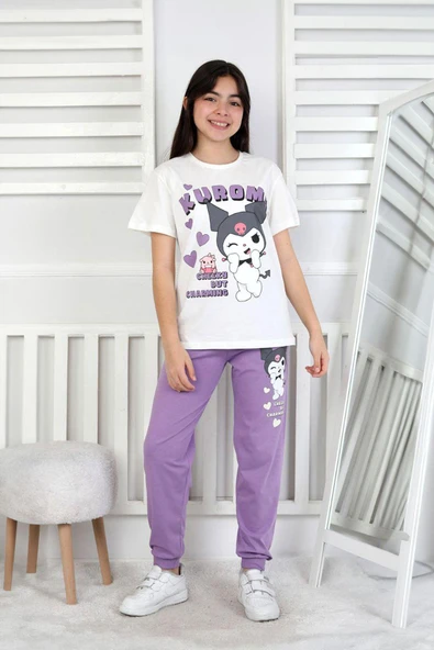 Kız Çocuk Kuromi Desenli %100 Pamuk Pijama Takımı – Yazlık Ev Giyimi