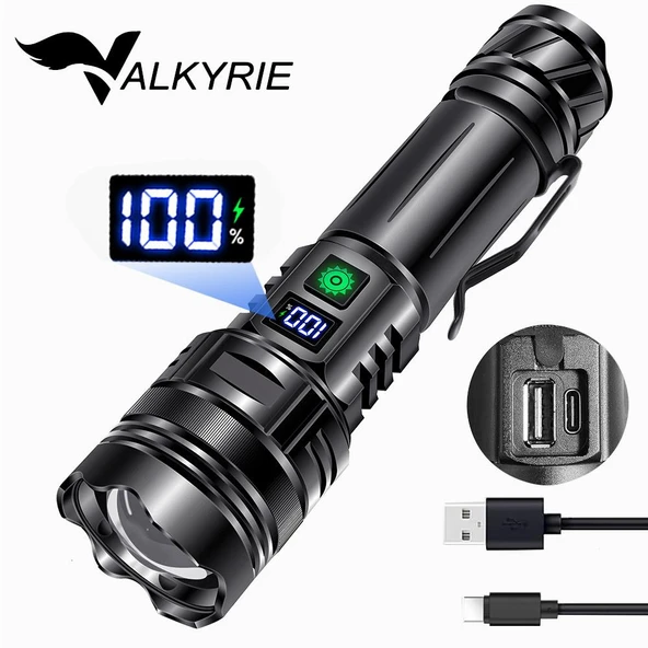 Valkyrie Profesyonel Şarjlı LED El Feneri – Güçlü Avcı Feneri, Uzun Pil Ömrü, Dayanıklı TasarımAvcı Feneri