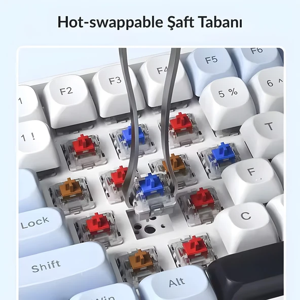 Aula S100 Pro Red Switch Hot Swap RGB Mekanik Klavye Bluetooth Kablolu Kablosuz Bağlantı Mavi - Resim 4