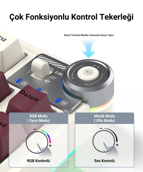 Aula AU75 3 Modlu RGB Hot Swap Mekanik TKL Seiya Switch Kablosuz Makrolu Klavye Bej - Resim 6