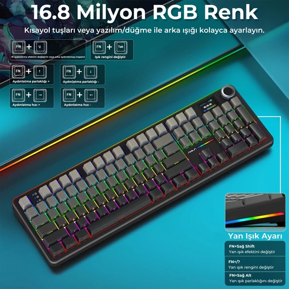 Aula F108 Pro Ekranlı Mekanik Klavye Nimbus Switch RGB Hot Swap 8000mAh Makrolu Oyuncu Klavyesi Gri - Resim 5