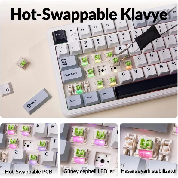 Aula F108 Pro Ekranlı Mekanik Klavye Reaper Switch RGB Hot Swap 8000mAh Makrolu Oyuncu Klavyesi Mavi - Resim 5