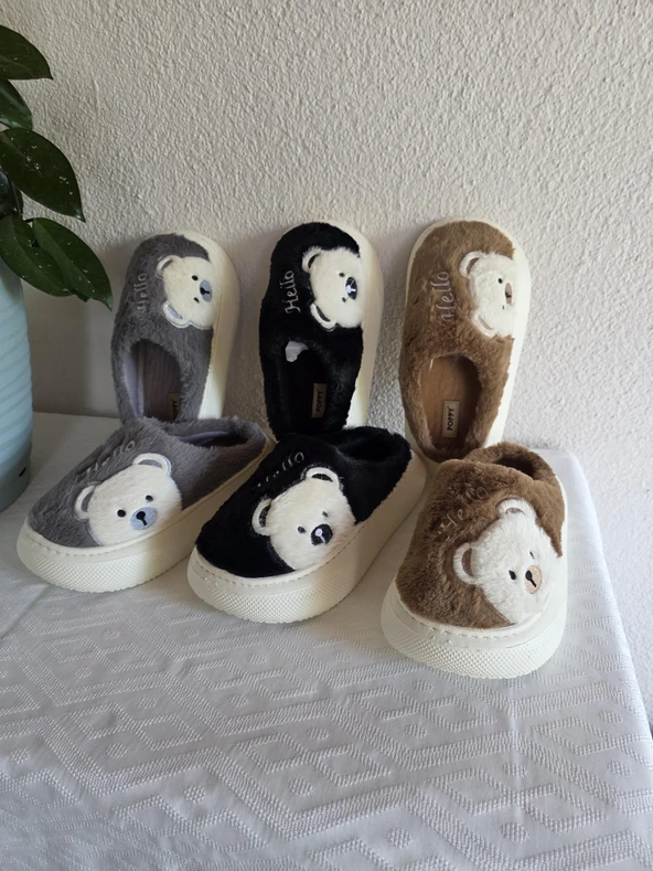 Kadın Ayıcık Desenli Rahat Peluş Ev Terliği 25BNT132 - Resim 3