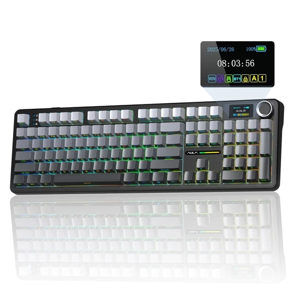 Aula F108 Pro Ekranlı Mekanik Klavye Nimbus Switch RGB Hot Swap 8000mAh Makrolu Oyuncu Klavyesi Gri ürün görseli 1