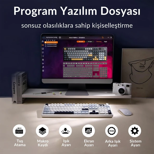 Aula F108 Pro Ekranlı Mekanik Klavye Reaper Switch RGB Hot Swap 8000mAh Makrolu Oyuncu Klavyesi Mavi - Resim 7