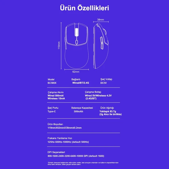 Aula SC580X Lightweight PAW3311 Sensör 10000 DPI 1000Hz Kablolu ve Kablosuz Gaming Oyuncu Mouse Siyah - Resim 7