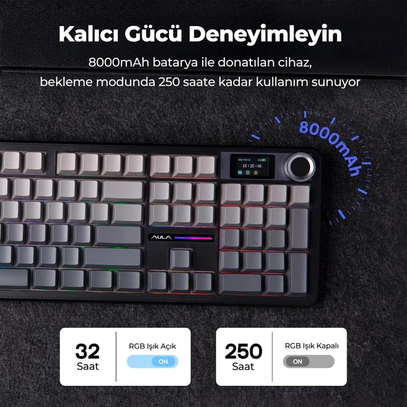 Aula F108 Pro Ekranlı Mekanik Klavye Nimbus Switch RGB Hot Swap 8000mAh Makrolu Oyuncu Klavyesi Gri - Resim 9