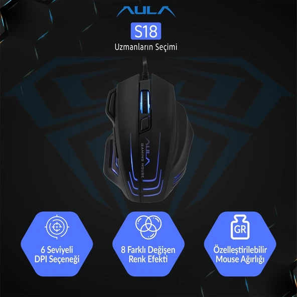 Aula S18 6400DPI RGB 7 Programlanabilir Tuş 1000Hz Kablolu Gaming Oyuncu Mouse - Resim 3