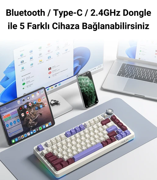 Aula AU75 3 Modlu RGB Hot Swap Mekanik TKL Seiya Switch Kablosuz Makrolu Klavye Bej - Resim 8