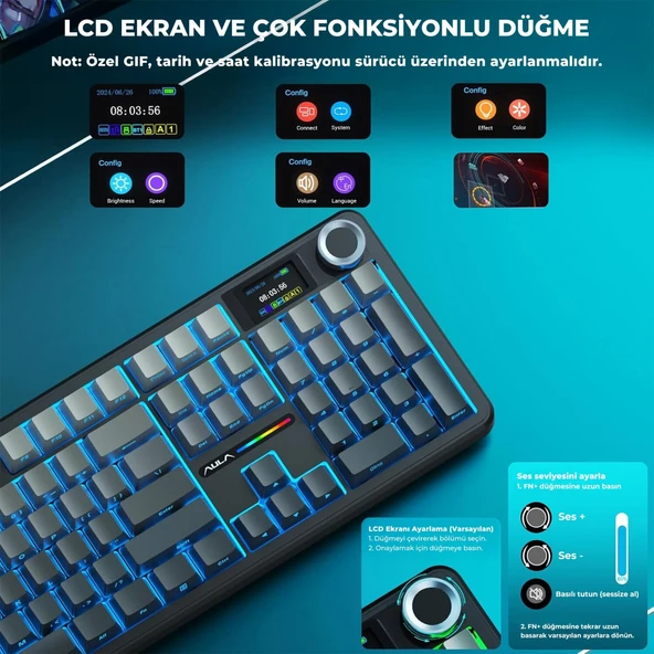 Aula F108 Pro Ekranlı Mekanik Klavye Nimbus Switch RGB Hot Swap 8000mAh Makrolu Oyuncu Klavyesi Gri - Resim 3