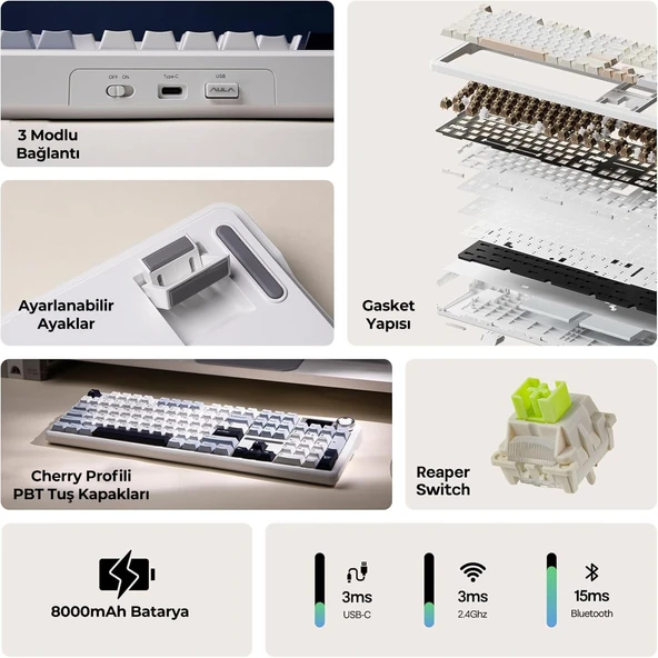 Aula F108 Pro Ekranlı Mekanik Klavye Reaper Switch RGB Hot Swap 8000mAh Makrolu Oyuncu Klavyesi Mavi - Resim 3