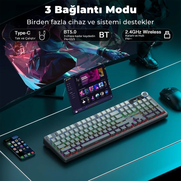 Aula F108 Pro Ekranlı Mekanik Klavye Nimbus Switch RGB Hot Swap 8000mAh Makrolu Oyuncu Klavyesi Gri - Resim 4