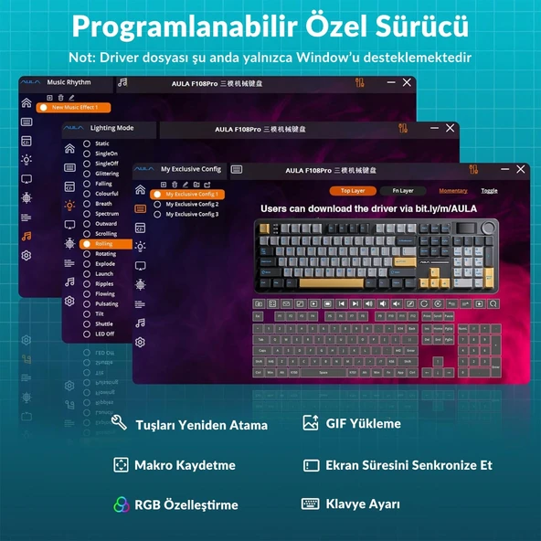 Aula F108 Pro Ekranlı Mekanik Klavye Nimbus Switch RGB Hot Swap 8000mAh Makrolu Oyuncu Klavyesi Gri - Resim 7