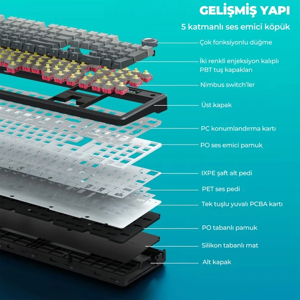 Aula F108 Pro Ekranlı Mekanik Klavye Nimbus Switch RGB Hot Swap 8000mAh Makrolu Oyuncu Klavyesi Gri - Resim 8