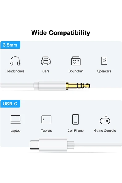 Samsung Xiaomi Uyumlu Aux Kablosu Type-C To Jack Çevirici Dönüştürücü Beyaz Bluetooth Gerektirmez - 2