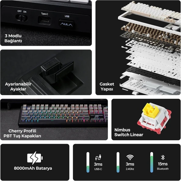 Aula F108 Pro Ekranlı Mekanik Klavye Nimbus Switch RGB Hot Swap 8000mAh Makrolu Oyuncu Klavyesi Gri - Resim 10