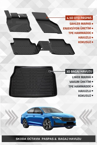 Sahler Skoda Octavia 2020+ Uyumlu 4.5D Premium Havuzlu Oto Paspas ve Liner Marka 3D Bagaj Havuzu ürün görseli