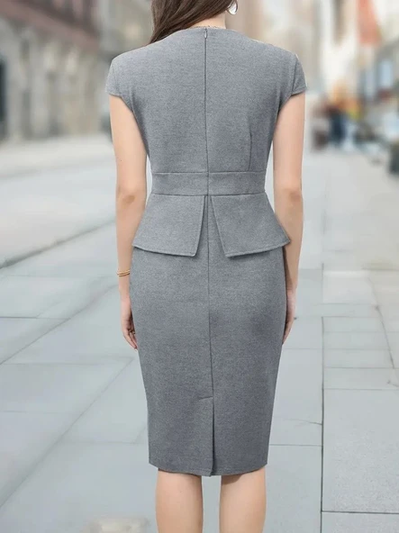 Kadın Kısa Kollu Kare Yakalı Ithal Krep Elbise - Resim 3