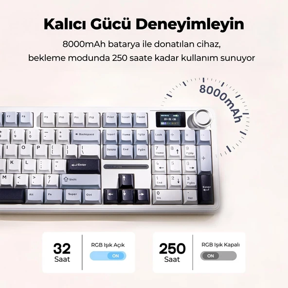 Aula F108 Pro Ekranlı Mekanik Klavye Reaper Switch RGB Hot Swap 8000mAh Makrolu Oyuncu Klavyesi Mavi - Resim 6