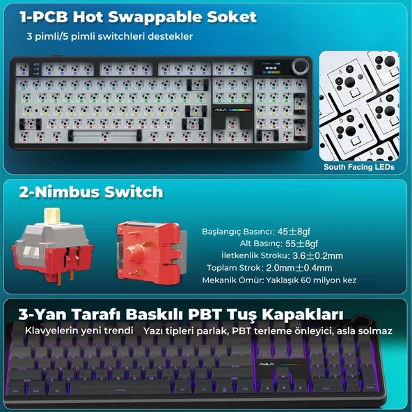Aula F108 Pro Ekranlı Mekanik Klavye Nimbus Switch RGB Hot Swap 8000mAh Makrolu Oyuncu Klavyesi Gri - Resim 6