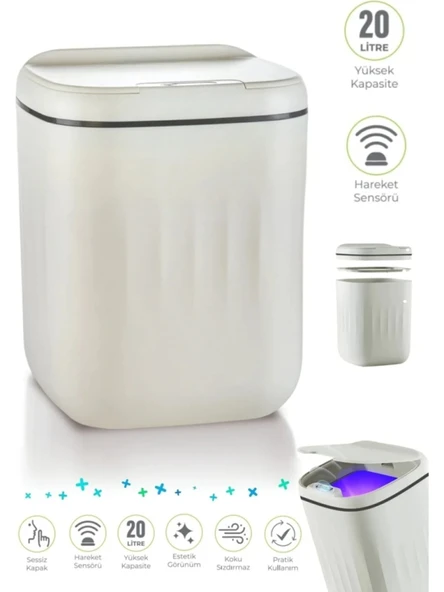 Sensörlü Çöp Kovası Antibakteriyel Uv Işıklı 20 Litre + Deterjan hazneli Beyaz Silikon Klozet Fırçası-BYS - Resim 2