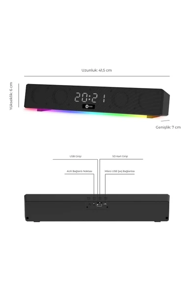 Lenovo Lecoo DS103 Kablosuz Bluetooth 10W RGB Saat/Alarm Stereo Soundbar Hoparlör Siyah - Resim 2