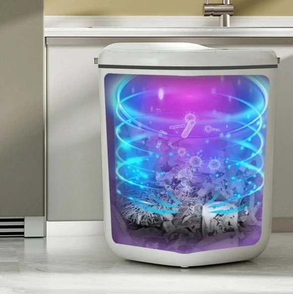 Sensörlü Çöp Kovası Antibakteriyel Uv Işıklı 20 Litre + Deterjan hazneli Beyaz Silikon Klozet Fırçası-BYS - Resim 3