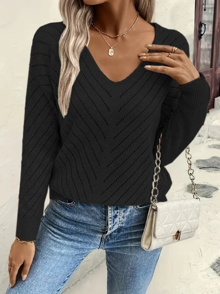 Kadın Uzun Kollu V Yakalı Triko Bluz - Resim 4
