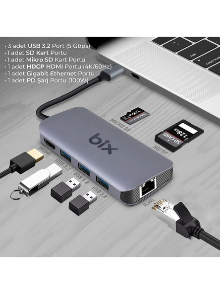 Bix BX10HB Pro Type-C to 4K 60Hz HDMI 3*USB 3.2 Gigabit Ethernet PD 100W Micro SD Kart Okuyucu Çoklayıcı Hub - Resim 3