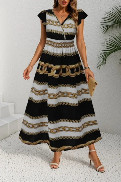 Kadın Kısa Kollu Kruvaze Yakalı Beli Lastikli Desenli Maksi Boy örme Krep Elbise ürün görseli