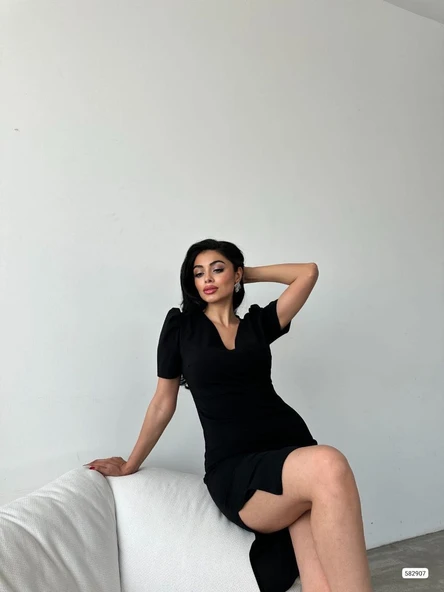 Kadın Kruvaze Yaka Yandan Yırtmaç Detaylı Scuba Krep Kumaş Midi Boy Elbise ürün görseli