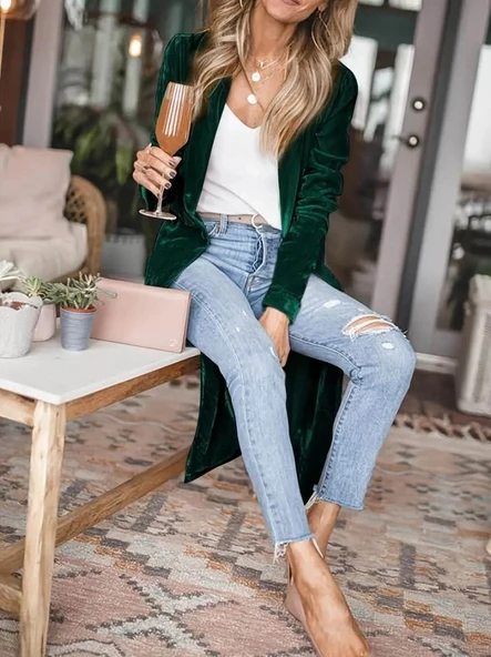 Kadın Uzun Kollu önü Açık Kolları Uzun Midi Ceket - Resim 2