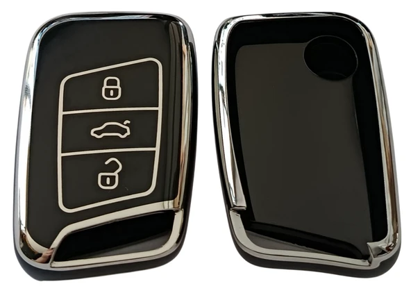 Volkswagen Passat B8 Skoda Superb Kodiaq Uyumlu Smart Anahtar Kılıfı Oto Anahtarlık Siyah Silver - Resim 2