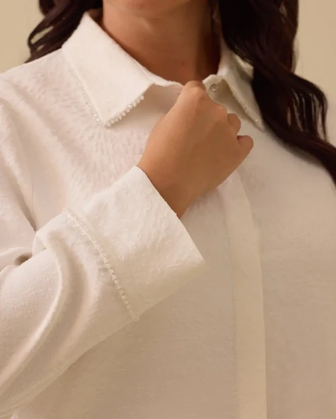 Büyük Beden Boncuk Detaylı Dokulu Gömlek Gala-Xi - 2