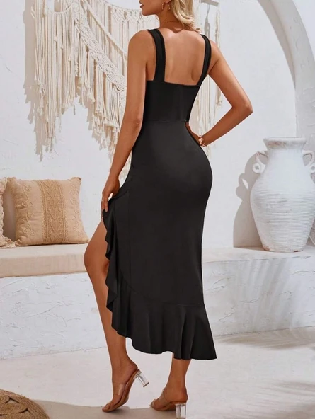 Kadın Askılı V Yakalı önden Fırfırlı Uzun Dalgıç Elbise - Resim 3